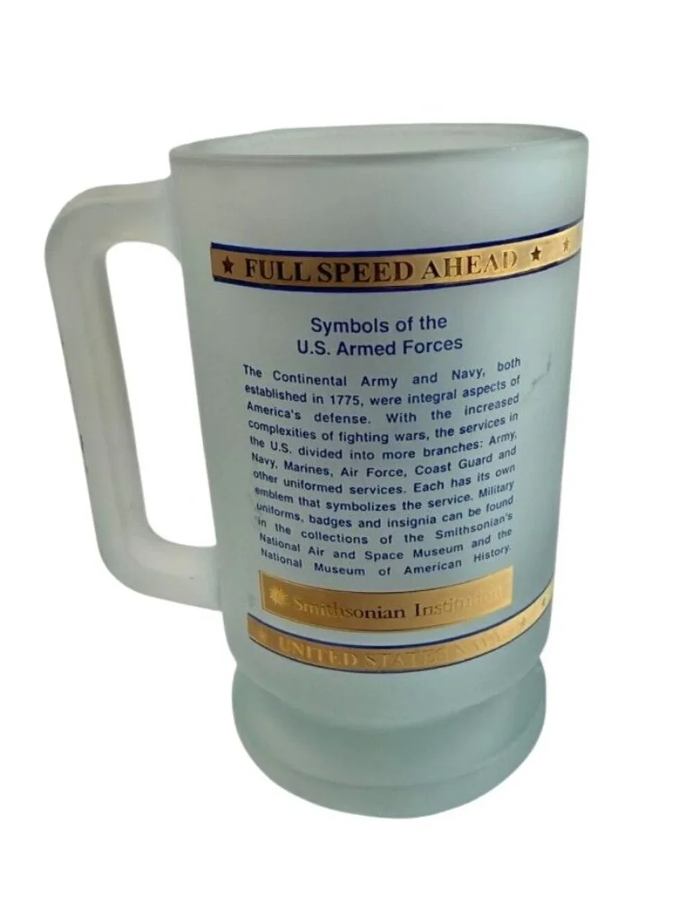 United States Navy Frosted Glass Beer Stein - Gold Eagle Medallion - 